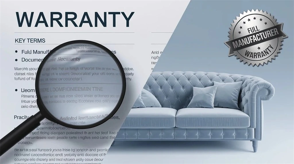 Split image of warranty document and furniture with full manufacturer warranty seal