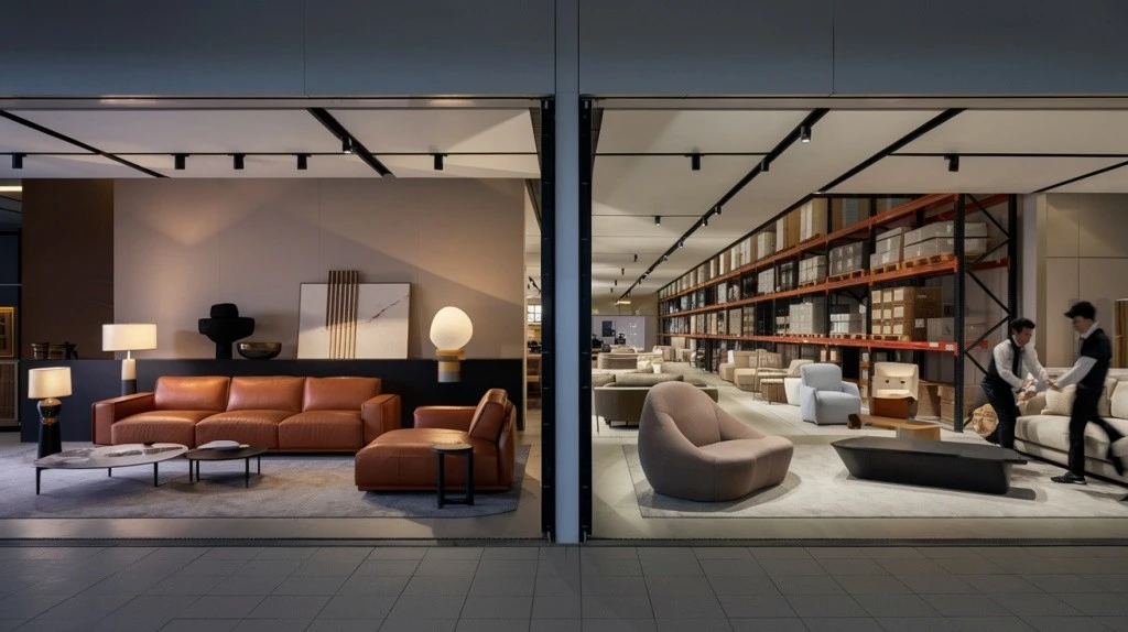 Elegant retail showroom connected to professional warehouse space, showcasing premium sofas