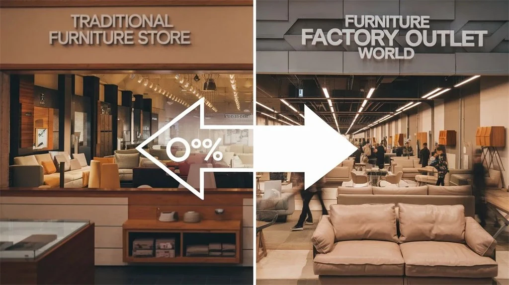 Split view comparing traditional furniture store to bustling Furniture Factory Outlet World