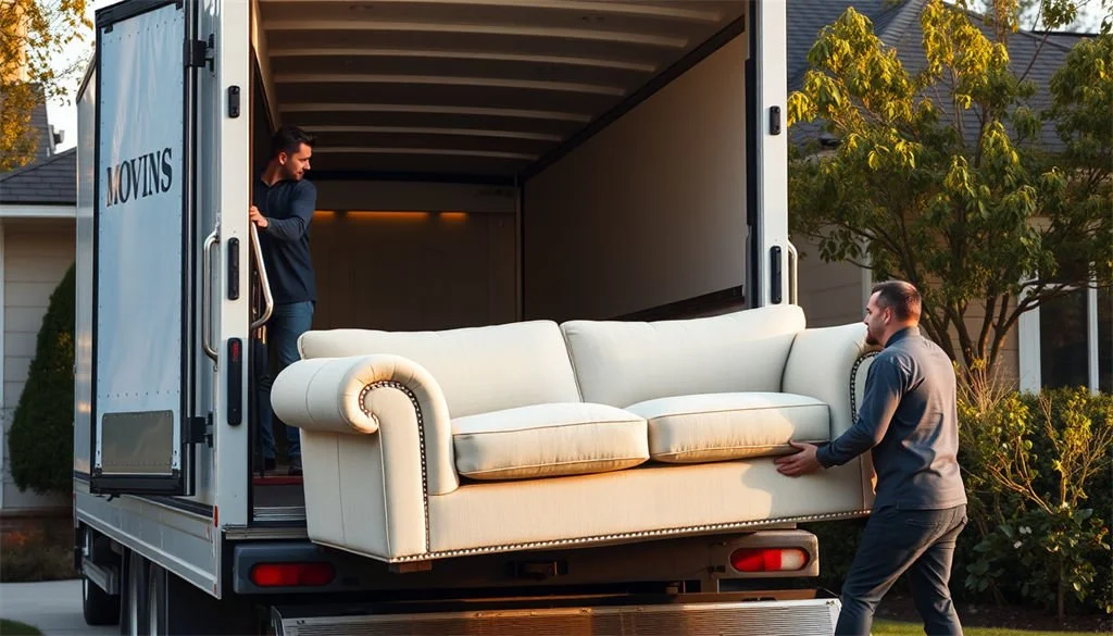 Professional movers carefully unloading a large sofa from a truck, showcasing quality logistics service