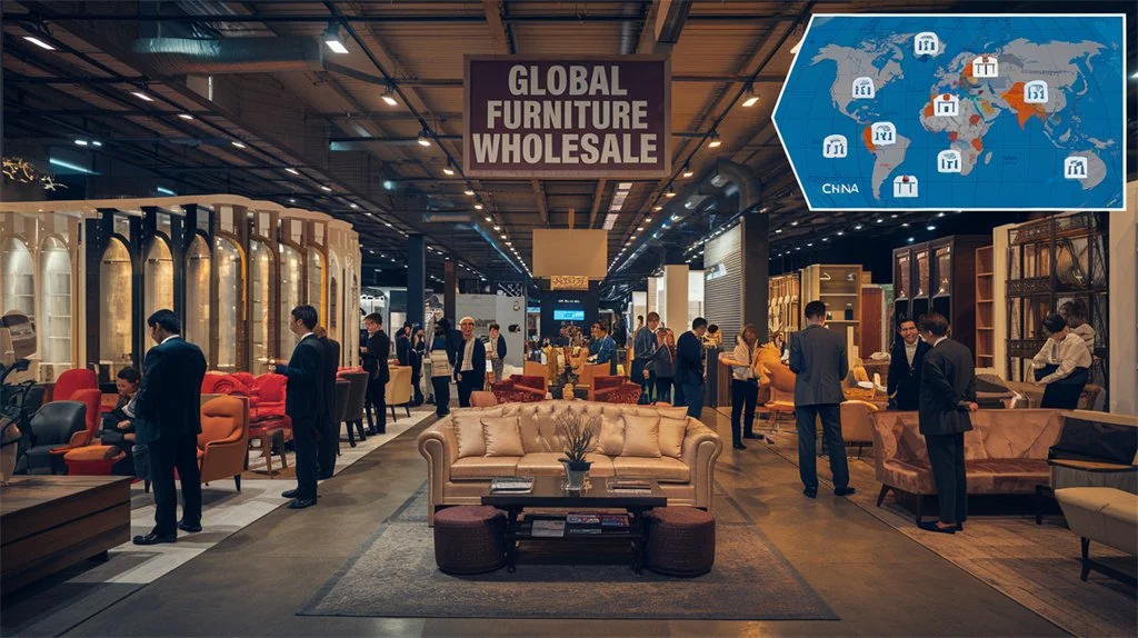 Global furniture wholesale market showcasing diverse styles and international business interactions, with emphasis on China's role in exports