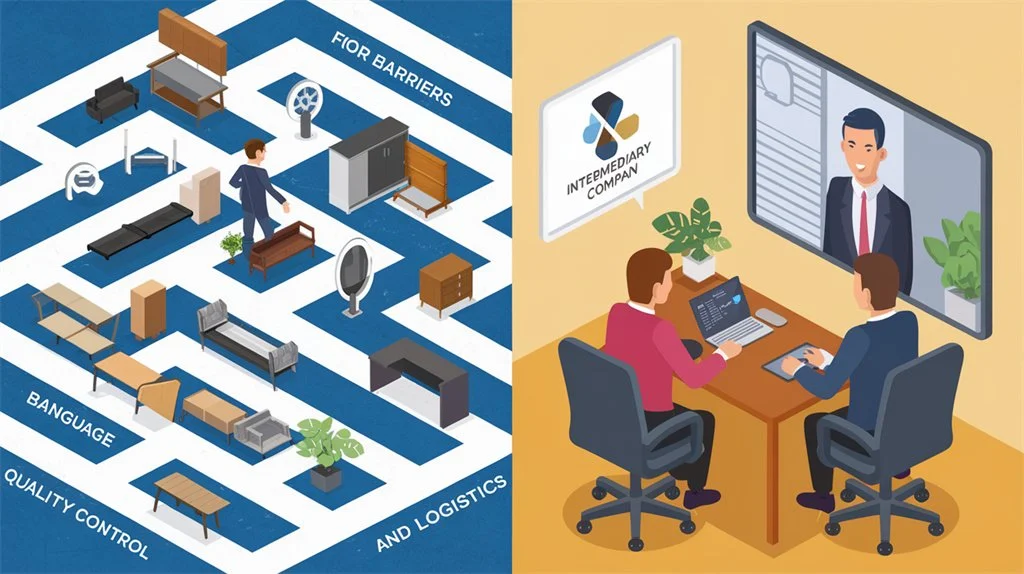 Split view comparing furniture sourcing challenges with intermediary solutions, illustrating communication and quality control improvements