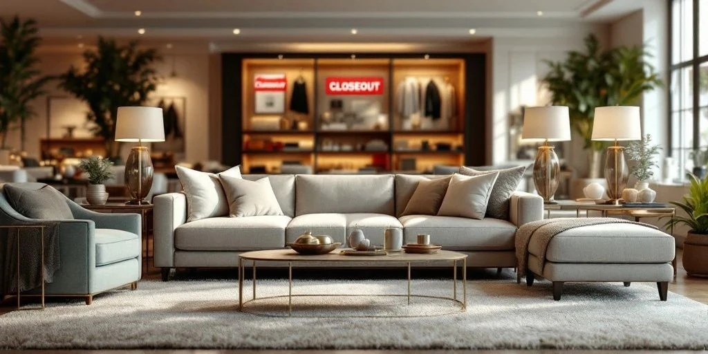 Luxurious living room setup with floor model and closeout tags showing significant savings