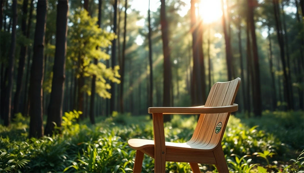 FSC-certified wooden chair in a forest, highlighting sustainability concept