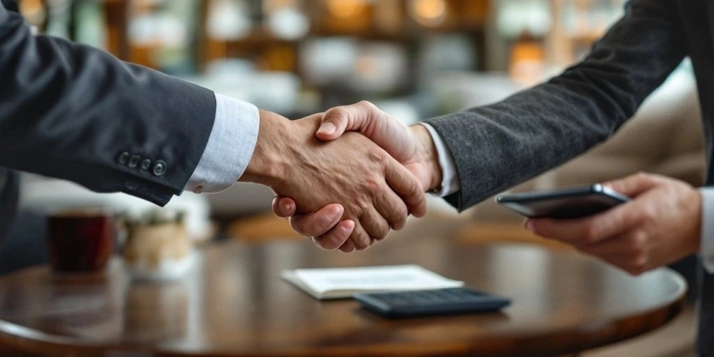 Close-up of handshake over furniture piece, depicting negotiation in progress