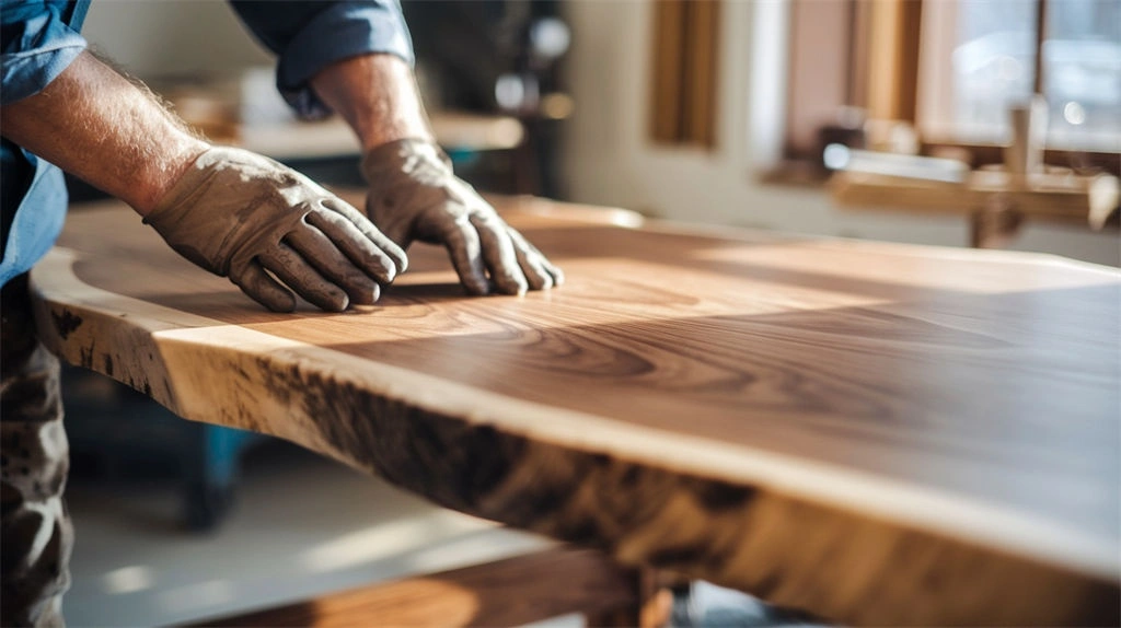 Craftsman carefully inspecting a high-end wooden dining table, highlighting superior craftsmanship