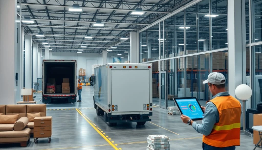 Modern furniture distribution center showcasing logistics operations and technology integration