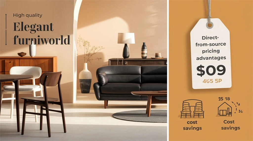 Split-screen showing FurniWorld's quality furniture and cost-saving advantages