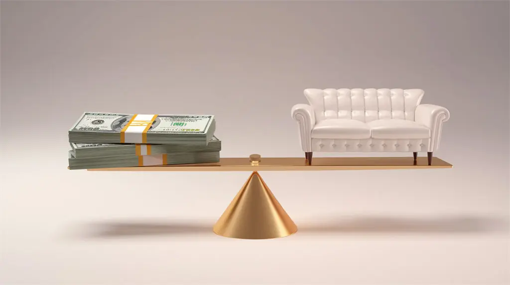 Balance scale with dollars and a high-quality sofa, symbolizing price-quality balance