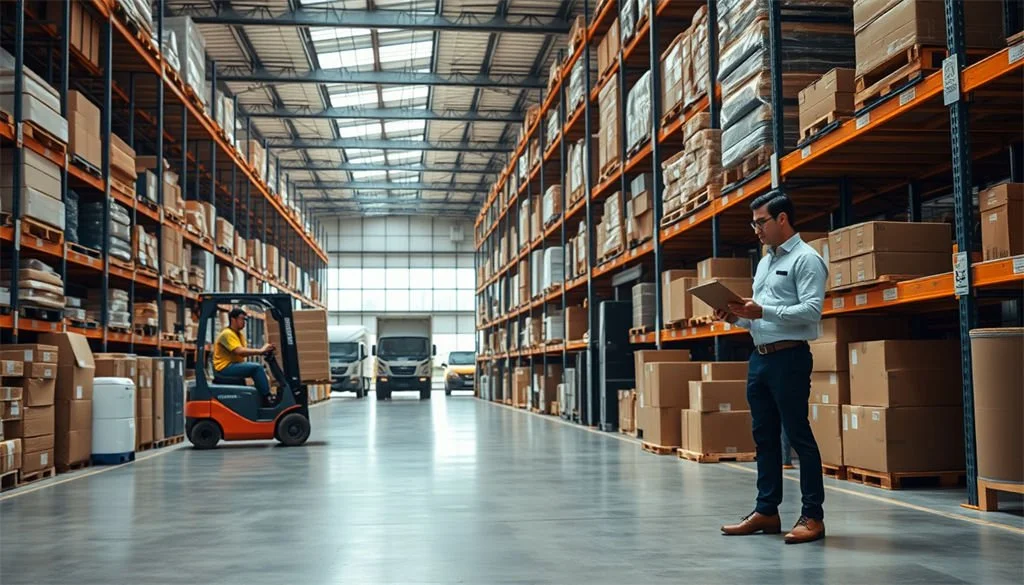 Interior of a furniture warehouse, forklift operator moving furniture, highlighting efficient supply chain management