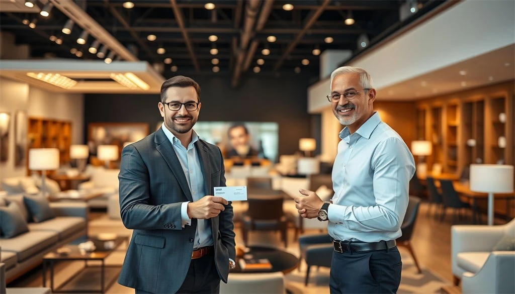 Retailer and supplier exchanging business cards in a luxury furniture showroom, symbolizing strong partnership