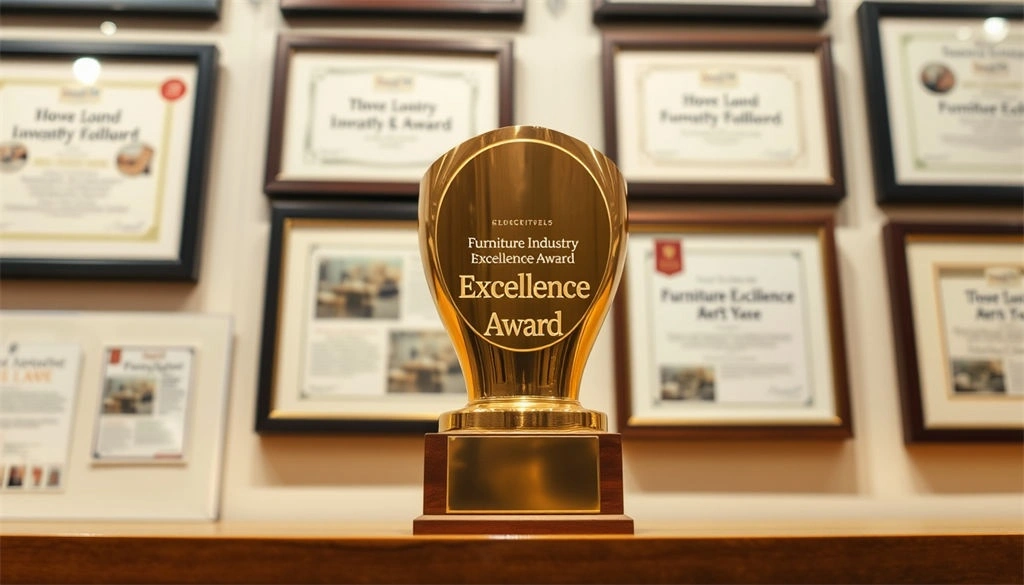 Furniture Industry Excellence Award' trophy with a wall of certificates in the background, showcasing industry reputation