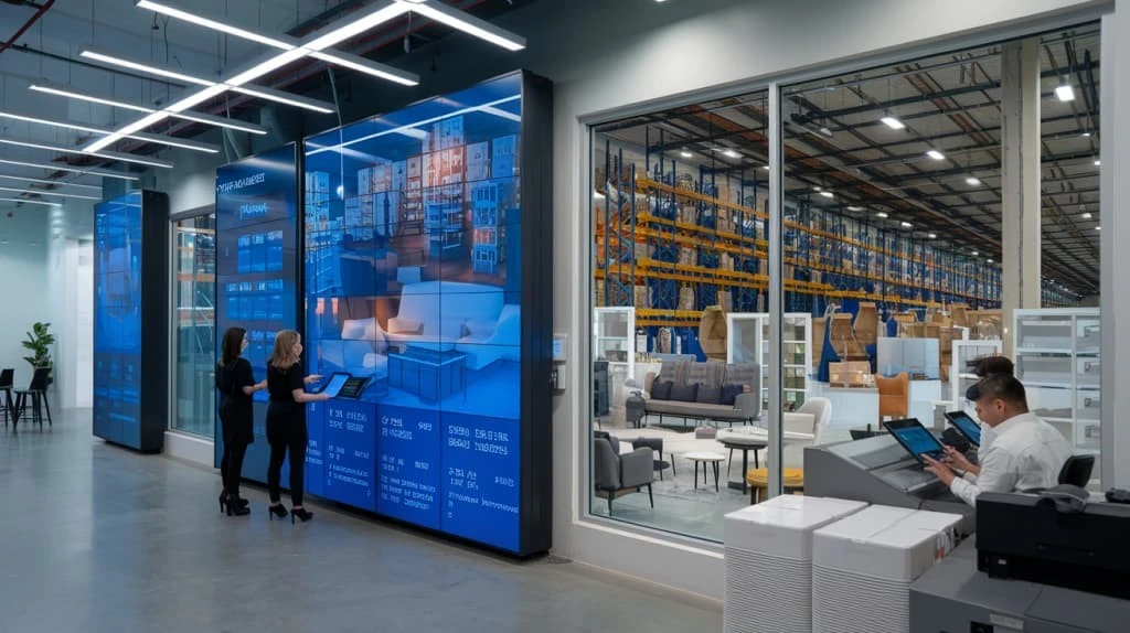 Modern furniture wholesale facility showcasing technology integration and logistics operations