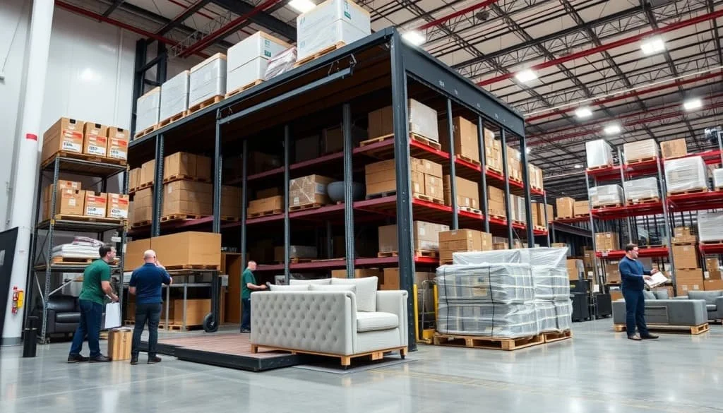 Modern furniture warehouse showcasing efficient logistics and inventory management