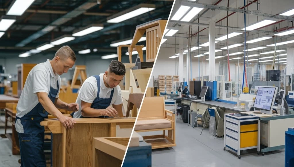 Factory quality control process and skilled furniture craftsmanship in modern manufacturing setting