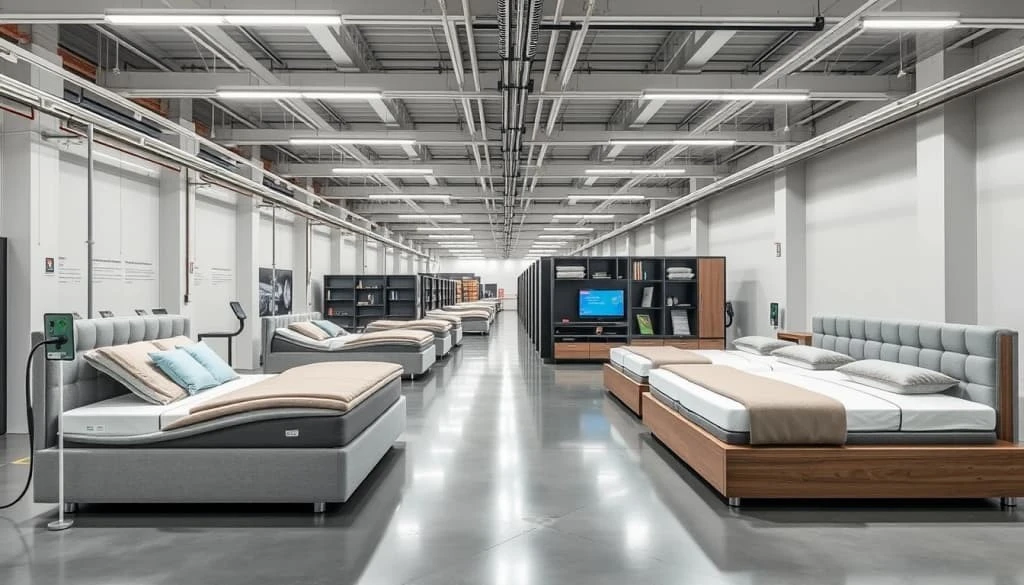 Modern bed manufacturing facility showcasing technology integration and innovative designs