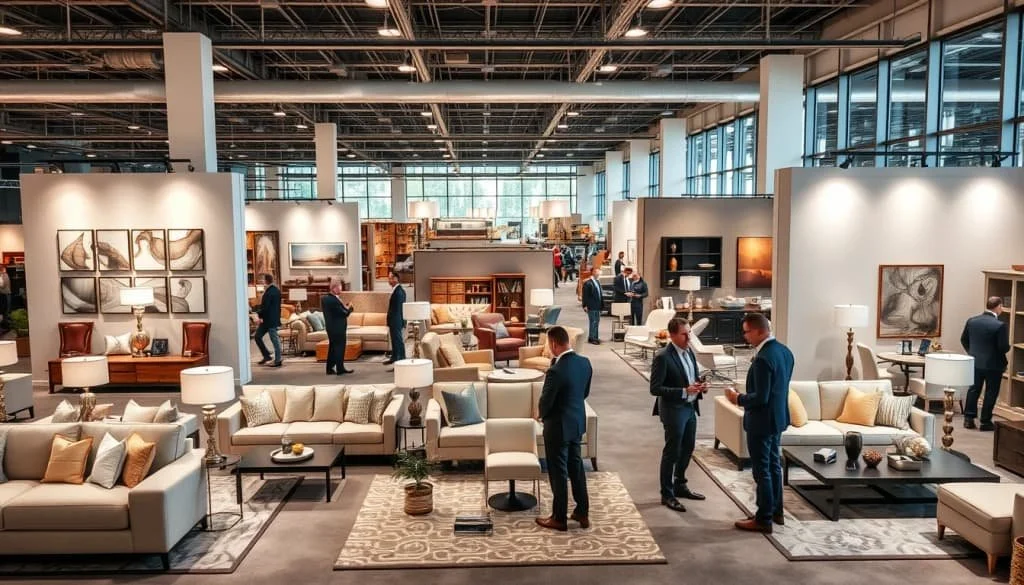 Professional furniture trade show highlighting American wholesale partnerships and product diversity