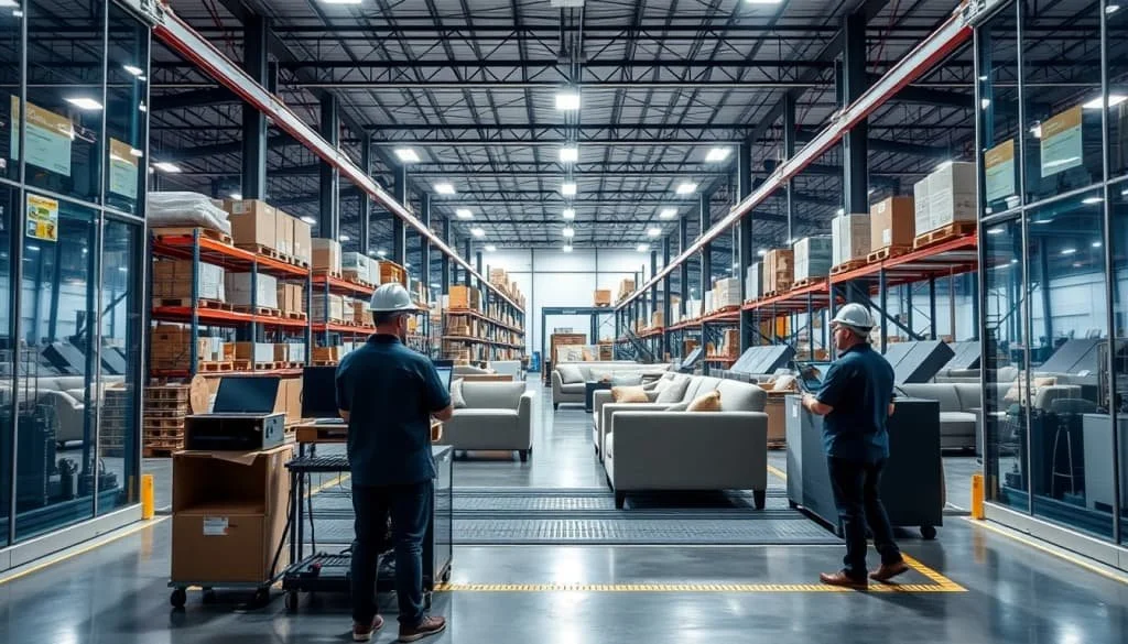 Modern wholesale furniture facility demonstrating efficient logistics and inventory management